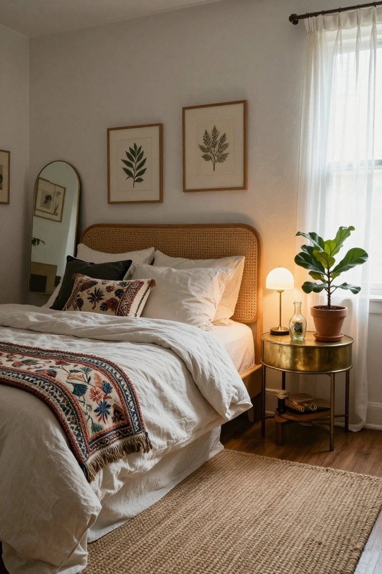 Bedroom interior featuring a rattan headboard on a bed with white bedding and patterned throw, brass side table with lamp and potted fiddle leaf fig plant, botanical prints on walls, arched mirror, sheer curtains on window, and seagrass rug on wood floor.