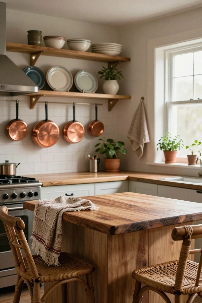A cozy kitchen interior with white cabinets, a central wooden island topped with a woven towel and flanked by two rattan bar stools, hanging copper pots, open wooden shelves holding plates and bowls, potted plants, and a window with herb pots.