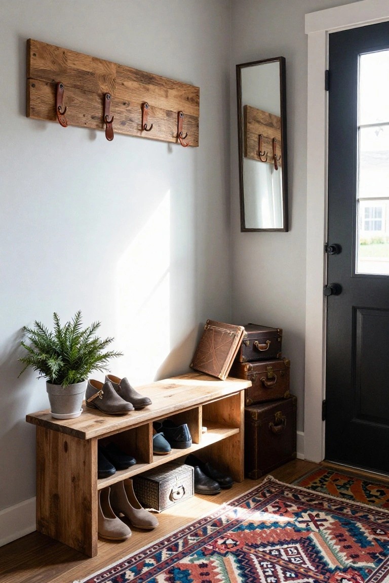 Corner entryway with reclaimed wood bench featuring shoe storage cubbies, leather-strapped hooks on wall plank above, slim framed mirror, potted fern plant, stacked vintage leather suitcases, and colorful patterned rug by black front door.