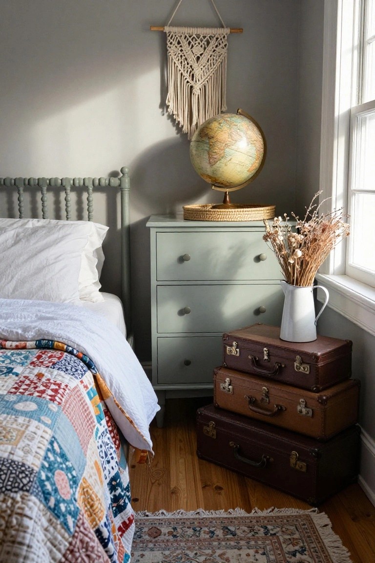 Bedroom corner with a low bed covered in a colorful patchwork quilt, mint green dresser with woven tray, two stacked brown leather suitcases, globe on stand, macrame wall hanging, white pitcher of dried grasses by window, hardwood floor, and woven rug.