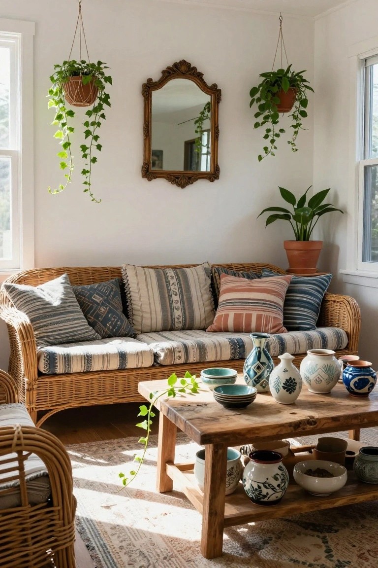 Brightly lit cozy living room corner with rattan sofa piled with striped and patterned pillows, wooden coffee table holding assorted ceramic vases bowls and pots, hanging potted ivy plants, floor plant in terracotta pot, and ornate gold-framed mirror on white wall.