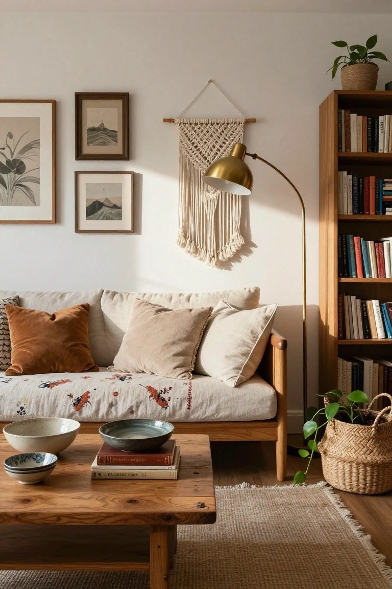 Cozy living room featuring a wooden coffee table with assorted ceramic bowls and stacked books, a beige sofa with patterned cushions and pillows, wooden bookshelves, potted plants, macrame wall hanging, gold arc floor lamp, and framed artwork on white walls.