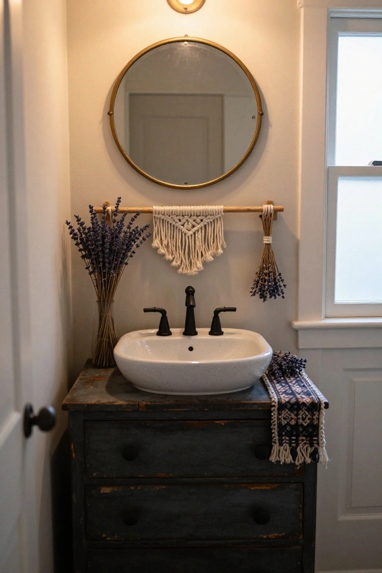 Small bathroom with a distressed dark wood dresser used as vanity under a white sink and black faucet, round brass mirror above, dried lavender bundles on a wooden dowel with macrame hanger to the side, and a hand towel draped over the edge.
