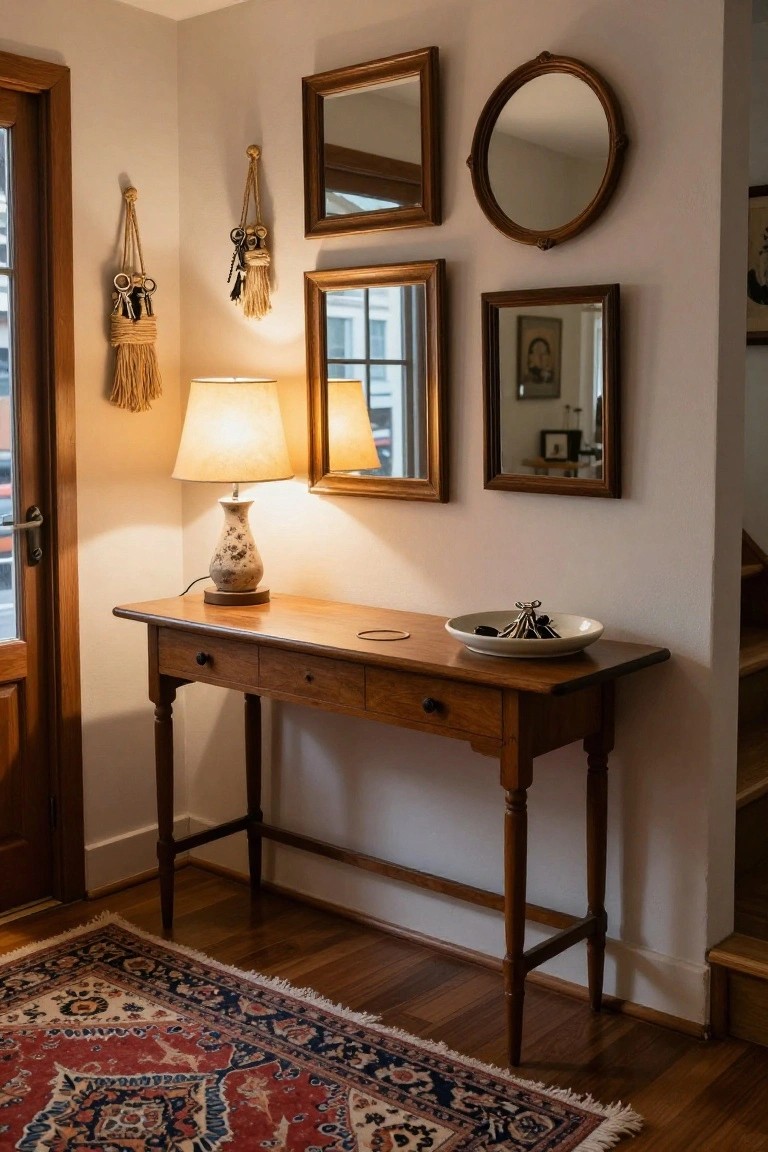 Entryway hallway with wooden console table topped by a ceramic lamp and white bowl, multiple gold-framed mirrors of various shapes on the wall above, rope key hangers nearby, open wooden door, and red Persian rug on hardwood floor.