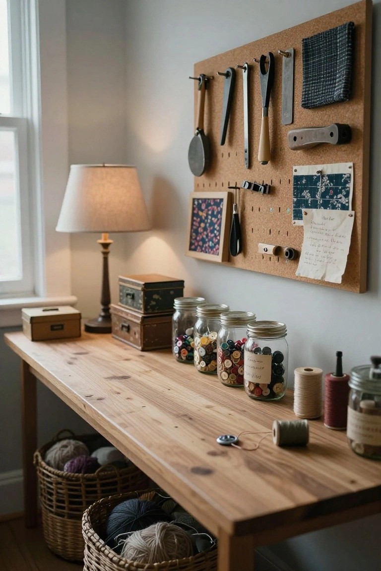 Wooden worktable with jars of colorful buttons and thread spools, yarn baskets underneath, and a pegboard wall above holding tools, fabric scraps, and notes in a light room.