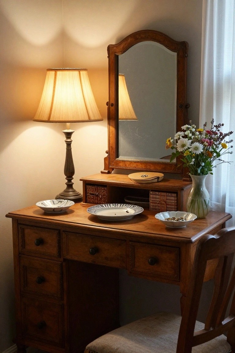 Wooden vanity table with tri-fold mirror, brass lamp, several white ceramic bowls with patterns, small vase of wildflowers, and wooden chair in a beige-walled room.