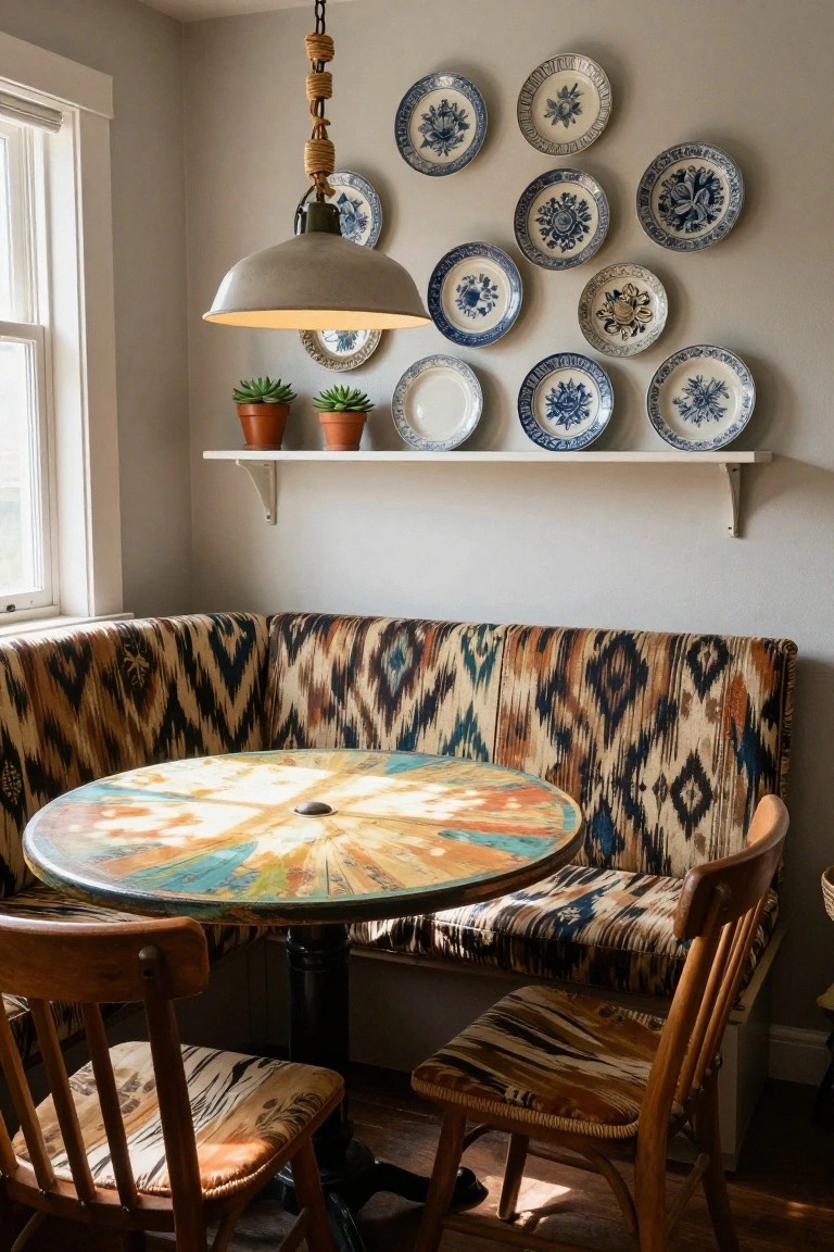 A cozy indoor kitchen nook with a corner banquette upholstered in multicolored ikat fabric, a round multicolored painted table, wooden chairs with matching cushions, a pendant light, shelves holding potted plants, and a wall display of assorted blue and white patterned plates.