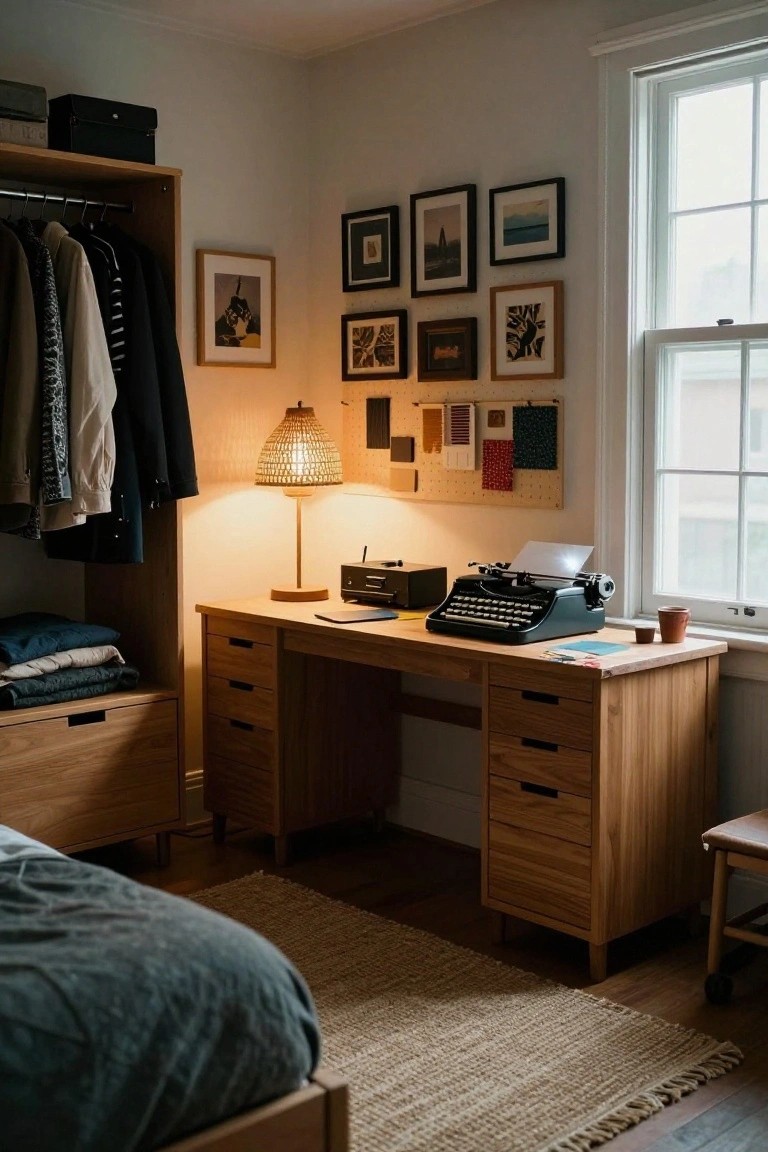 Bedroom corner with wooden desk topped by black vintage typewriter and rattan lamp, open wooden wardrobe holding clothes and linens, eclectic art and fabric swatches on wall, and bed in foreground.