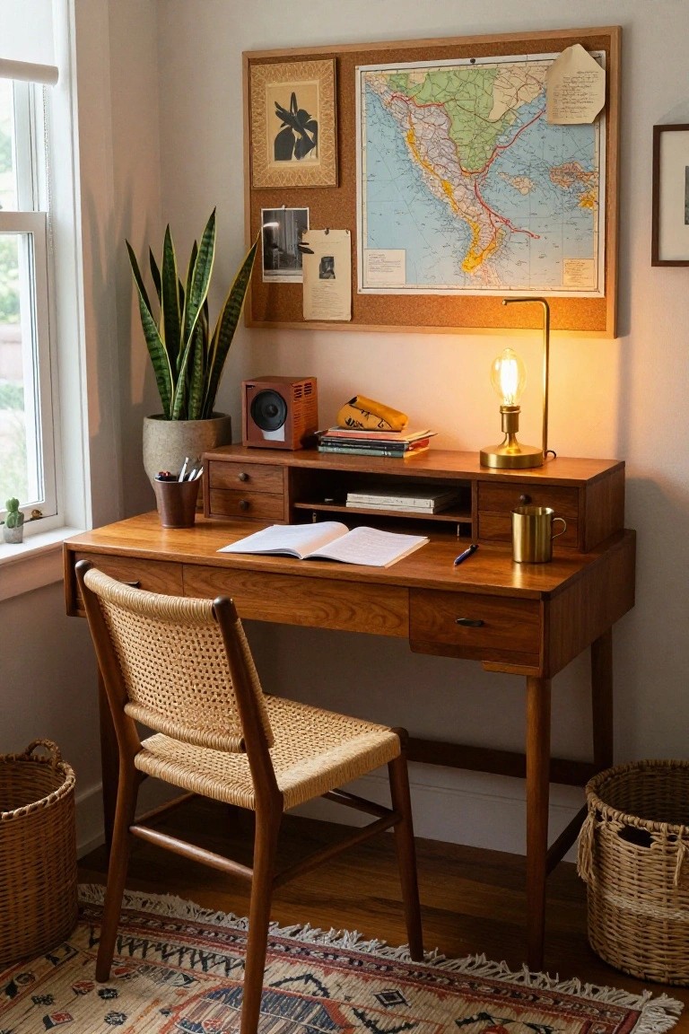 A cozy indoor workspace corner with a wooden desk holding open books and a pen, rattan chair, potted snake plant, cork bulletin board with maps and photos, brass lamp, and woven baskets on a patterned rug.