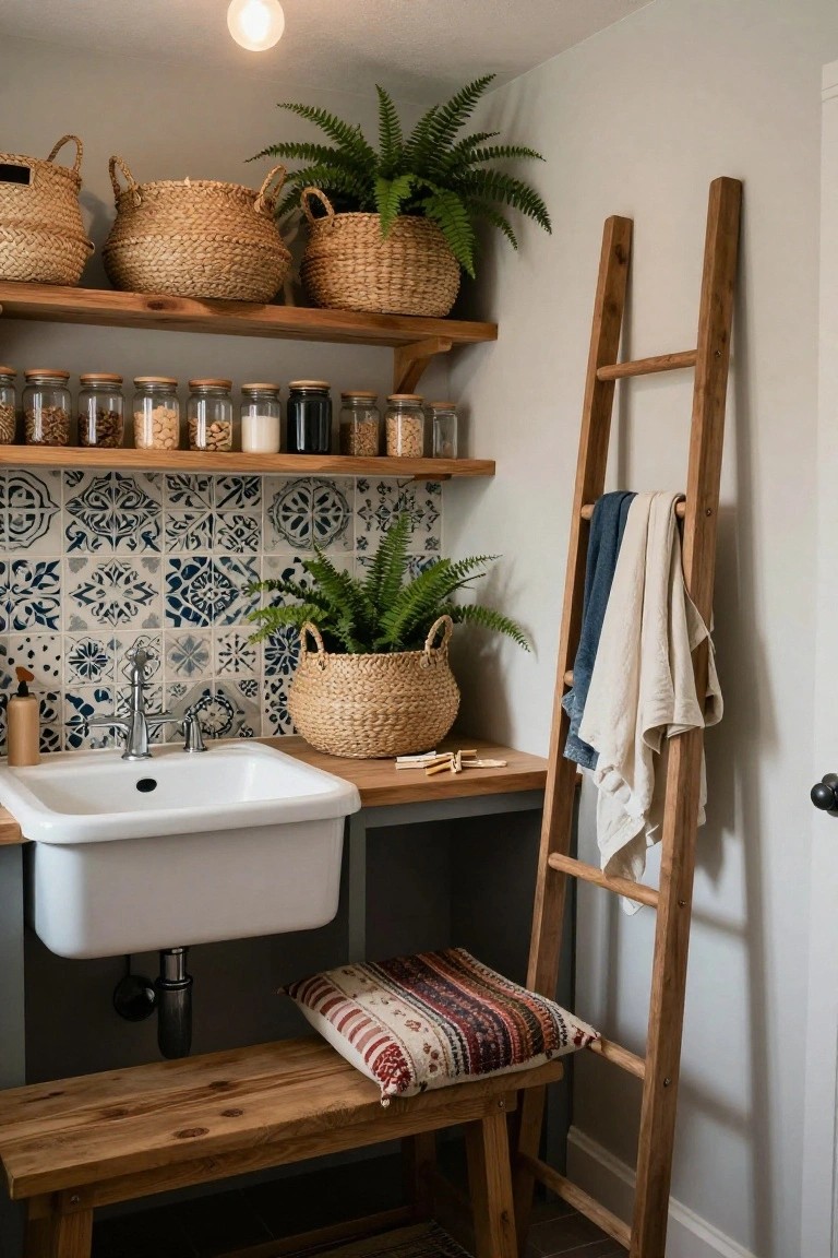 Small utility room featuring white sink on wooden counter, blue patterned tile backsplash, wooden ladder with blue and white towels draped over rungs, wicker baskets on shelves holding jars and plants, and a cushioned bench below.