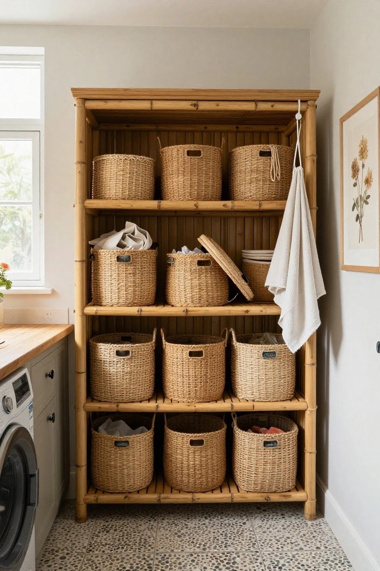 Tall open bamboo shelving unit filled with assorted round and rectangular wicker baskets next to a white front-loading washing machine in a light laundry room with pebble tile floor.