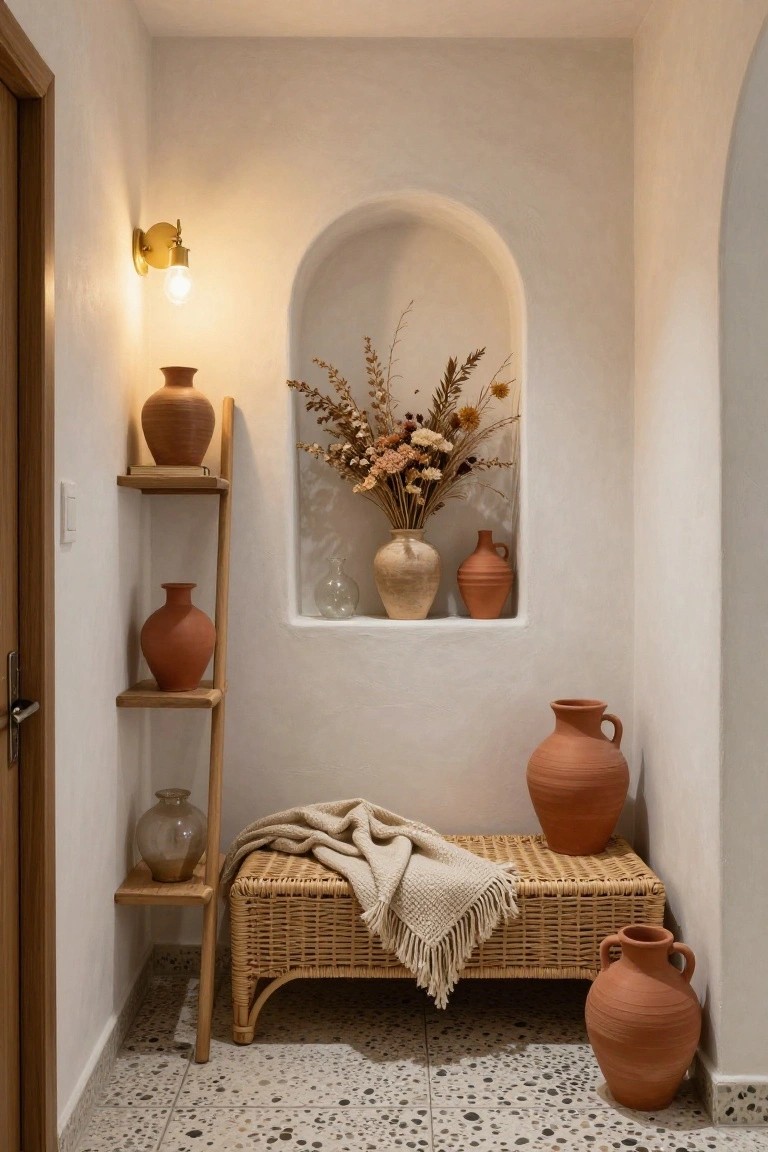 Narrow white indoor nook with wooden ladder shelf holding terracotta and glass vases and books, rattan bench topped with cream throw, arched wall niche displaying dried flowers in pottery vessels, additional terracotta pots on floor, gold wall sconce, and terrazzo tile floor.