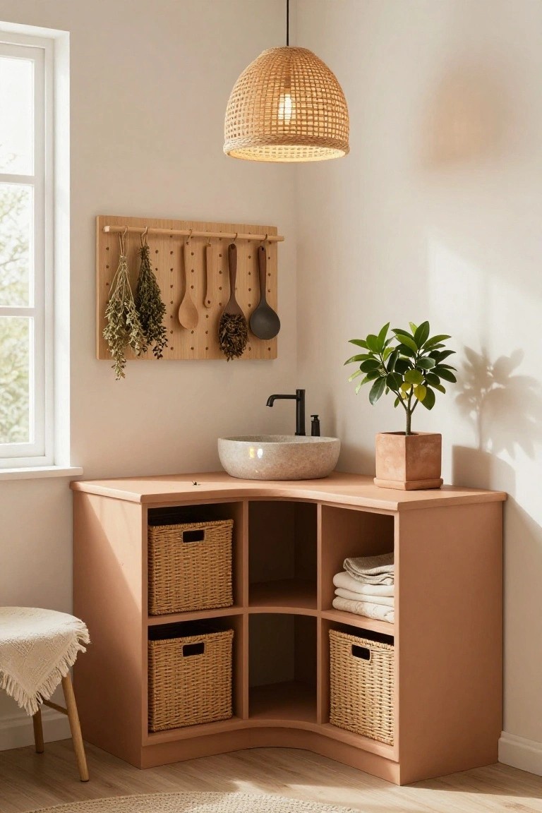 Curved terracotta corner bathroom vanity with open shelves holding wicker baskets with towels, a round stone sink with black faucet, potted plant, wooden pegboard wall with hanging utensils and dried herbs, rattan pendant light, and small woven stool.
