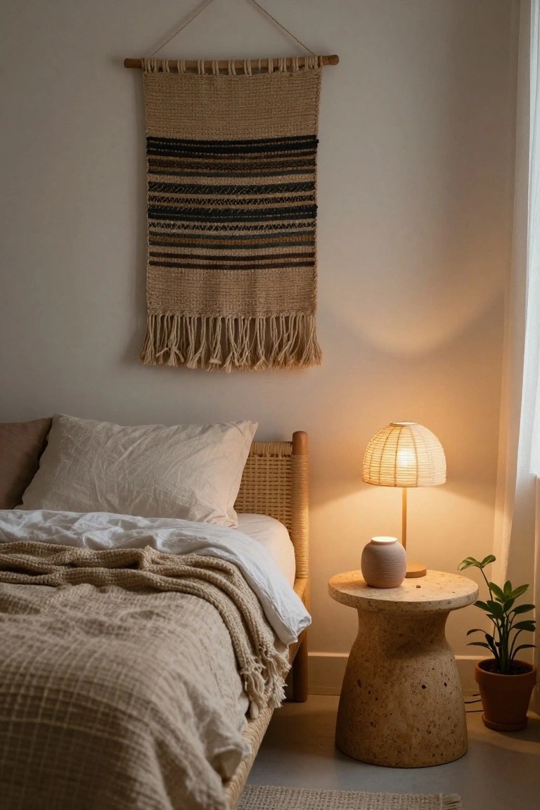 Low rattan bed frame with white sheets, beige woven throw, and pillows in a light bedroom, beside a cork stool nightstand with rattan-shade lamp, vase, potted plant, woven wall hanging, and window.