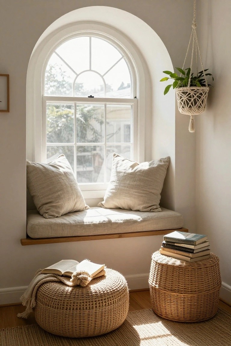 Arched white window with cushioned beige bench seat and cream pillows, wooden ledge holding stacked books, two rattan stools with open book and throw blanket, hanging macrame plant with green leaves, seagrass rug on light wood floor.