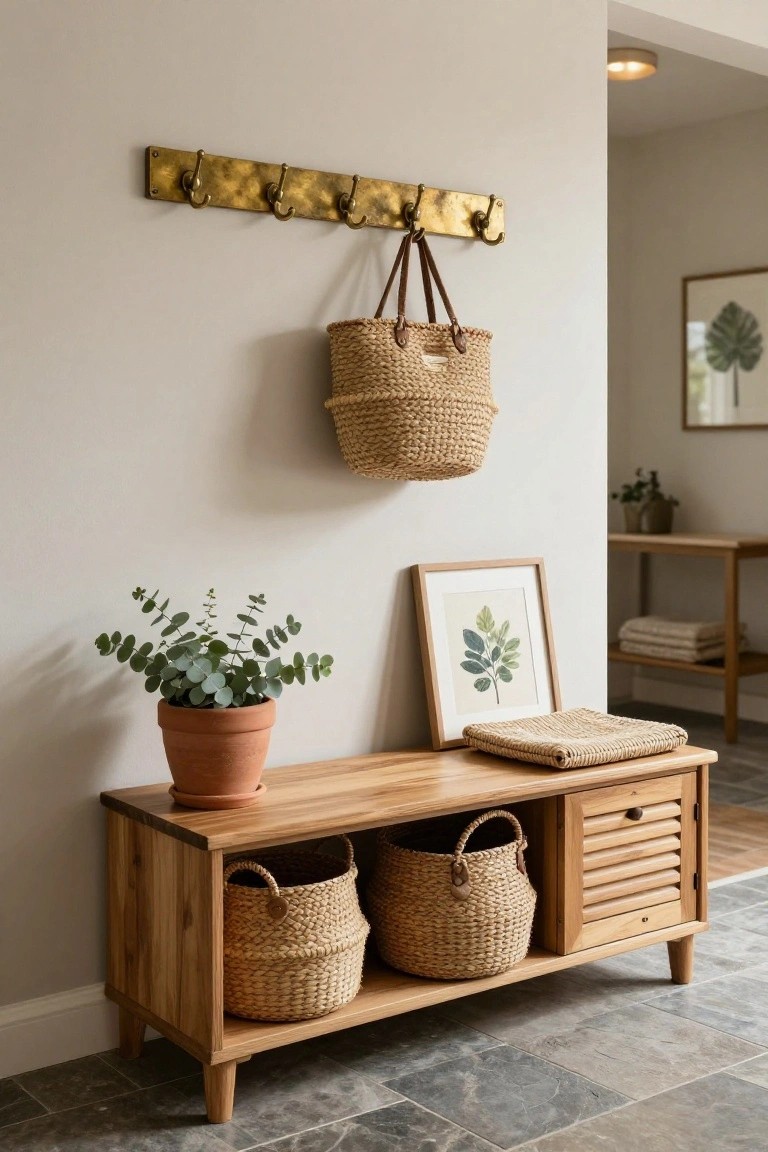 Wooden entry bench with open shelves holding two woven baskets, a louvered side cabinet, terracotta pot of eucalyptus plant, framed leaf artwork leaning against the wall, brass hook rail with hanging wicker bag, on slate tile floor in a light hallway.
