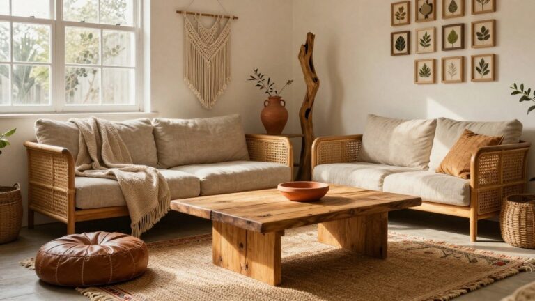 Sunlit living room with two tan upholstered sofas around a low wooden coffee table topped with a terracotta bowl and book, leather pouf on seagrass rug, macrame wall hanging, driftwood sculpture, large terracotta jars, potted plant, and framed leaf prints on beige walls.