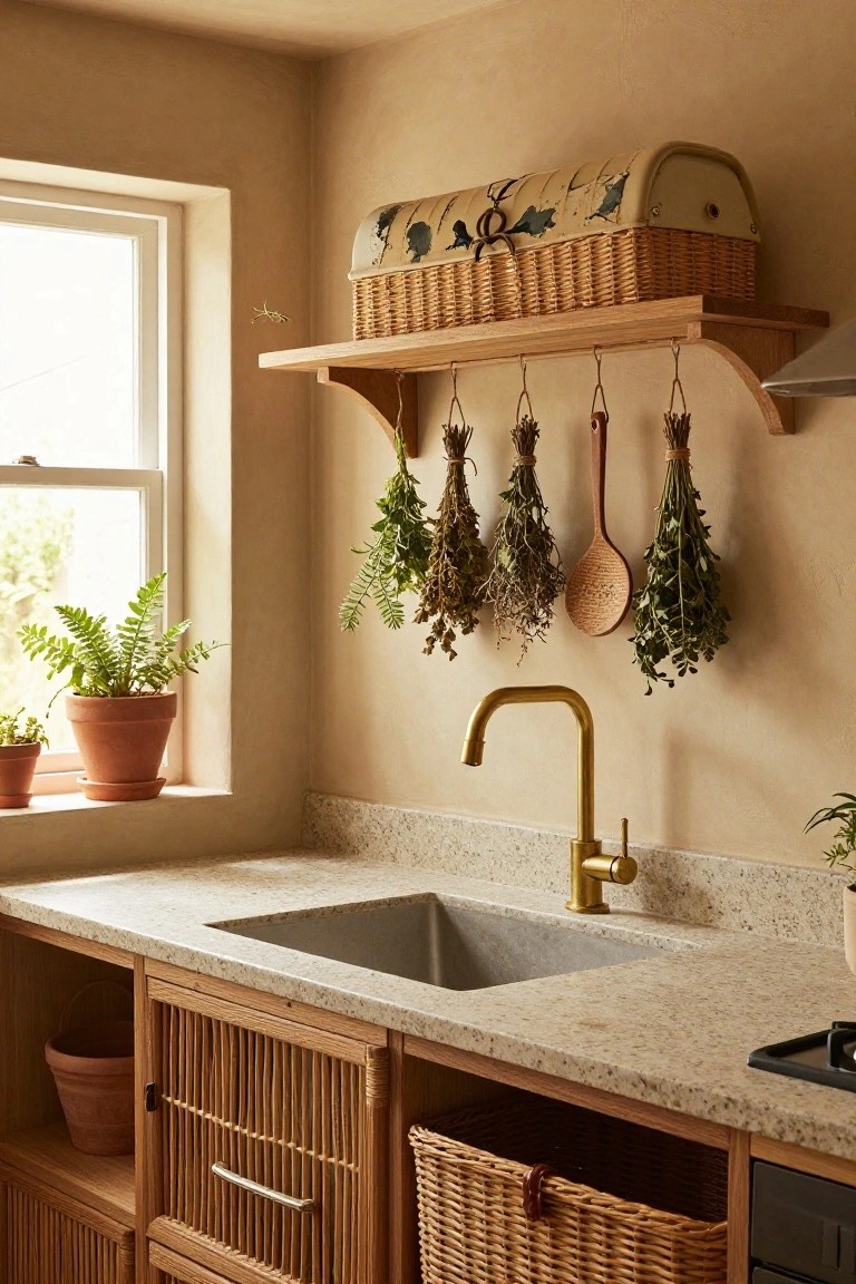 Kitchen sink area with beige quartz countertop, rattan-fronted wooden cabinets, gold gooseneck faucet, bundles of dried herbs hanging from wooden shelf brackets, potted ferns on windowsill, and woven baskets in open storage.
