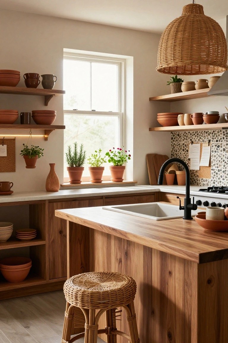 Kitchen interior with light wooden open shelves stocked with assorted terracotta bowls, pitchers, mugs, and plants, woven rattan pendant light overhead, wooden island with rattan stool, white sink and countertop, black faucet, and herb pots on windowsill.
