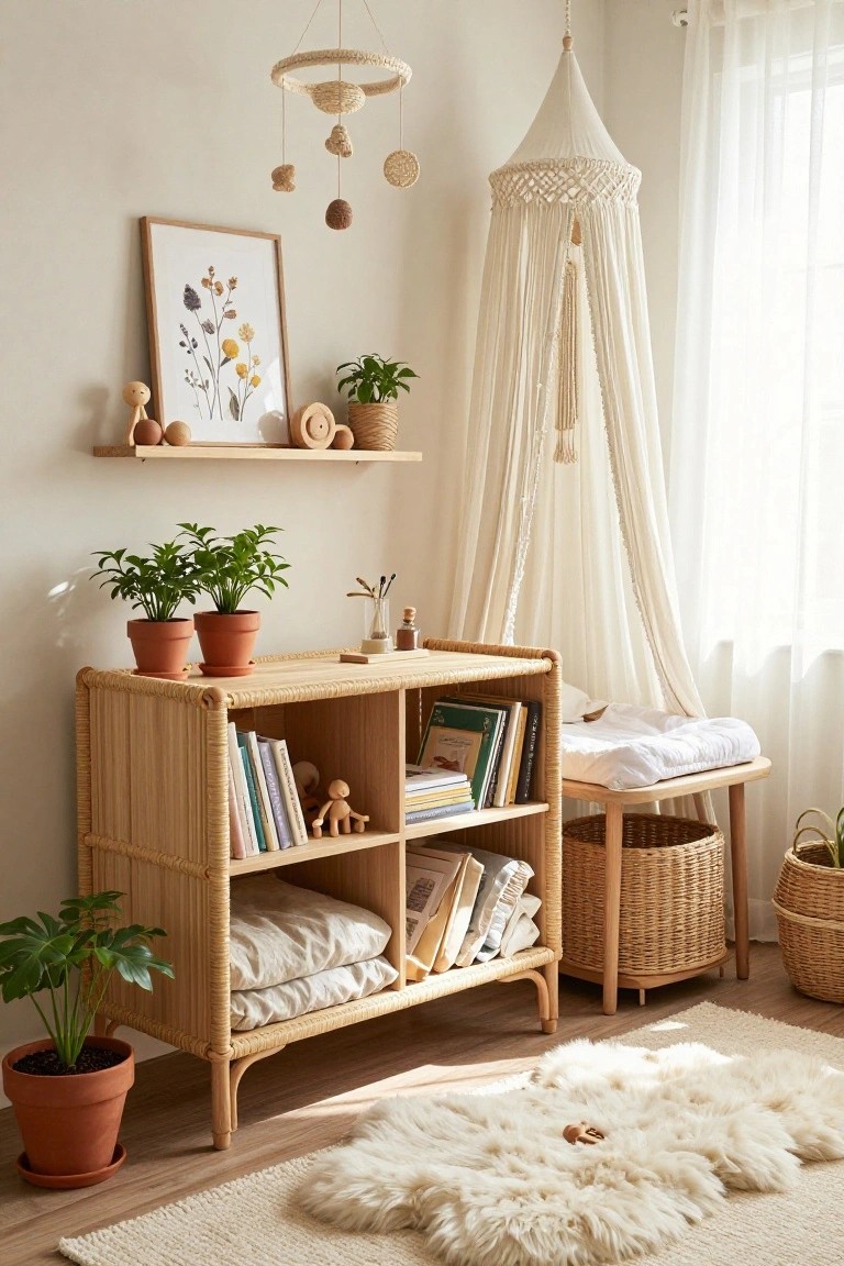 A nursery interior with a tall rattan shelving unit used as a changing table, filled with books and toys, flanked by potted plants, wooden decor on shelves, a white canopy over the changing area, and a cream rug on the floor.