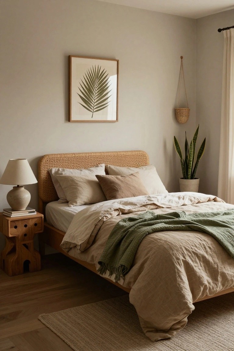 Bedroom with light beige walls, wooden framed bed featuring a woven rattan headboard, neutral linen bedding with green throw, wooden nightstand holding lamp and books, snake plant in white pot, hanging basket, and framed green palm leaf artwork.