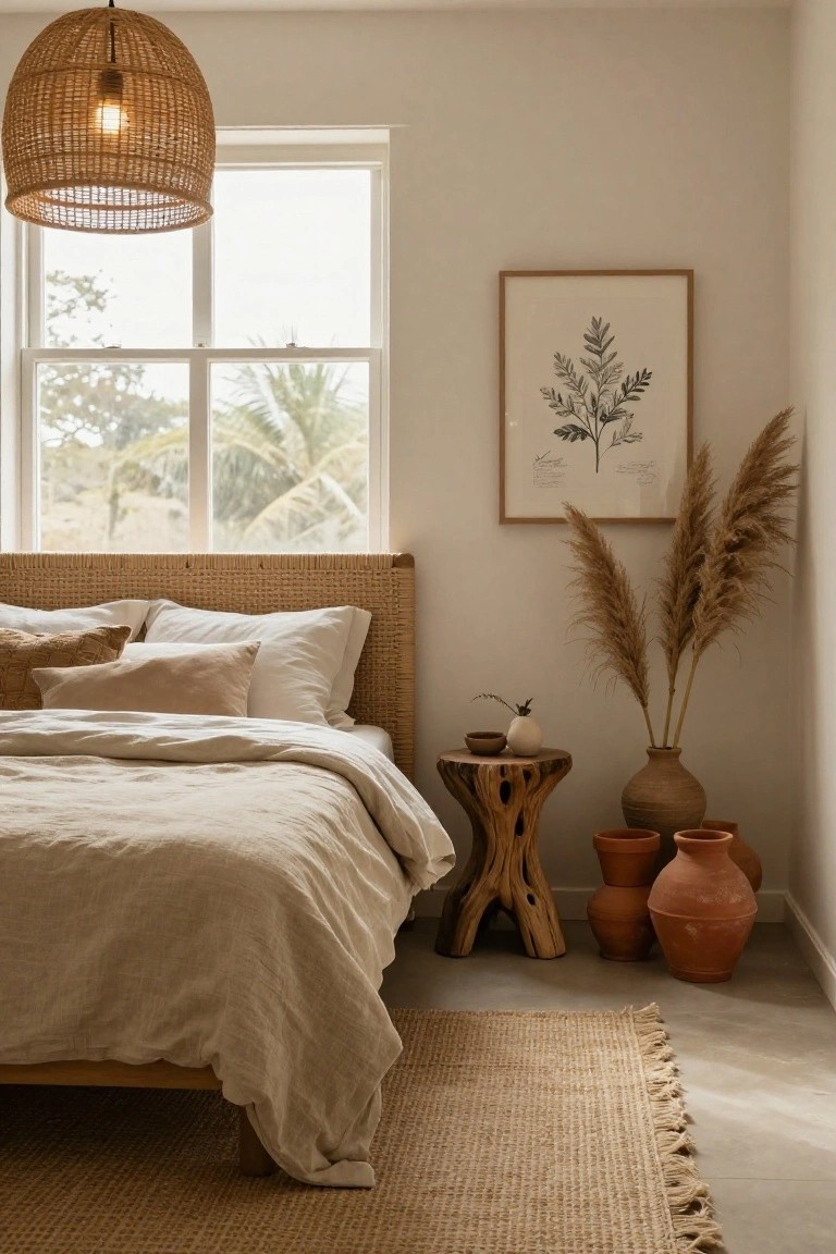 Bedroom with beige linen bed dressed against a tall woven rattan headboard, flanked by tall pampas grass in a vase and several terracotta pots on the floor next to a wood stump side table, under a wicker pendant light.
