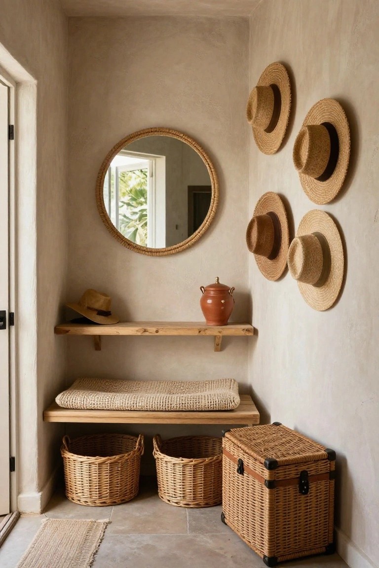 Narrow indoor entryway with beige plaster walls, multiple straw hats hung on walls, round rattan mirror reflecting greenery outside a door, wooden shelf with hat and red terracotta pot, cushioned bench, and stacked wicker baskets on tiled floor.