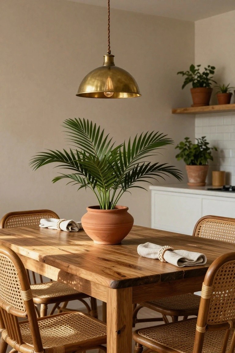 Wooden dining table with rattan chairs in a light kitchen, centered terracotta pot holding tall palm plant, brass pendant light overhead, and potted plants on floating shelves.