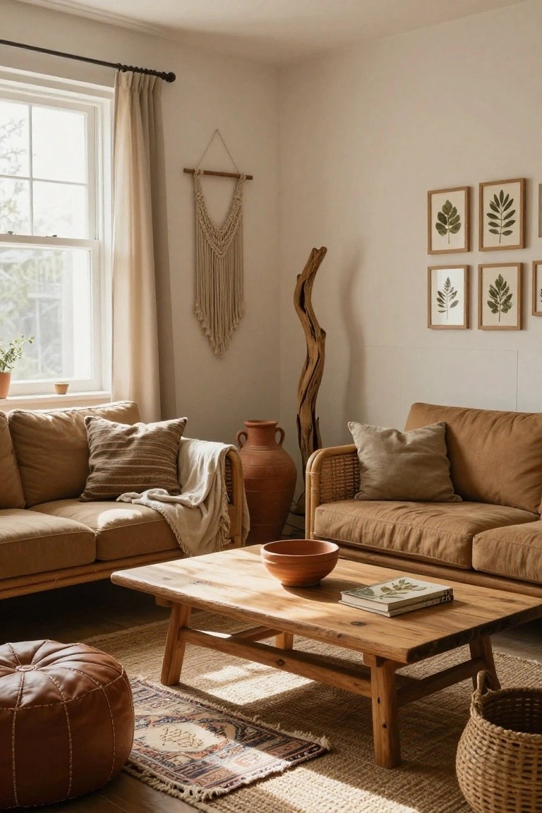 Sunlit living room with two tan upholstered sofas around a low wooden coffee table topped with a terracotta bowl and book, leather pouf on seagrass rug, macrame wall hanging, driftwood sculpture, large terracotta jars, potted plant, and framed leaf prints on beige walls.