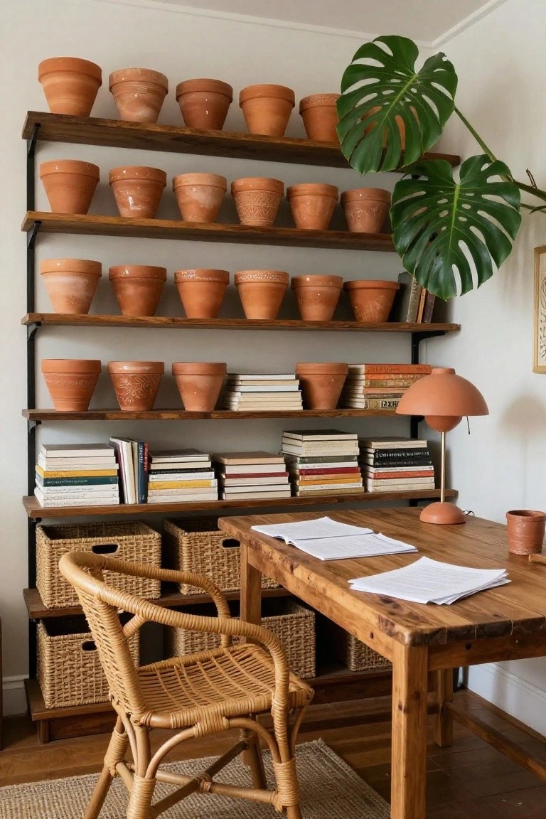 Corner wooden shelving unit loaded with terracotta pots of various sizes, books, and a large monstera plant, above a wooden desk with papers, rattan chairs, and a terracotta mug.