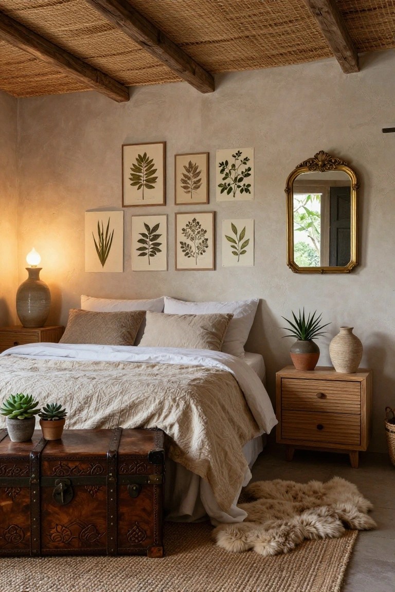 Bedroom interior with thatched ceiling, beige walls adorned with botanical leaf prints, a bed dressed in beige linens, two succulents on a carved wooden trunk at the bed's foot, wooden nightstand with plants and vase, gold-framed mirror, and sheepskin rug on seagrass floor.
