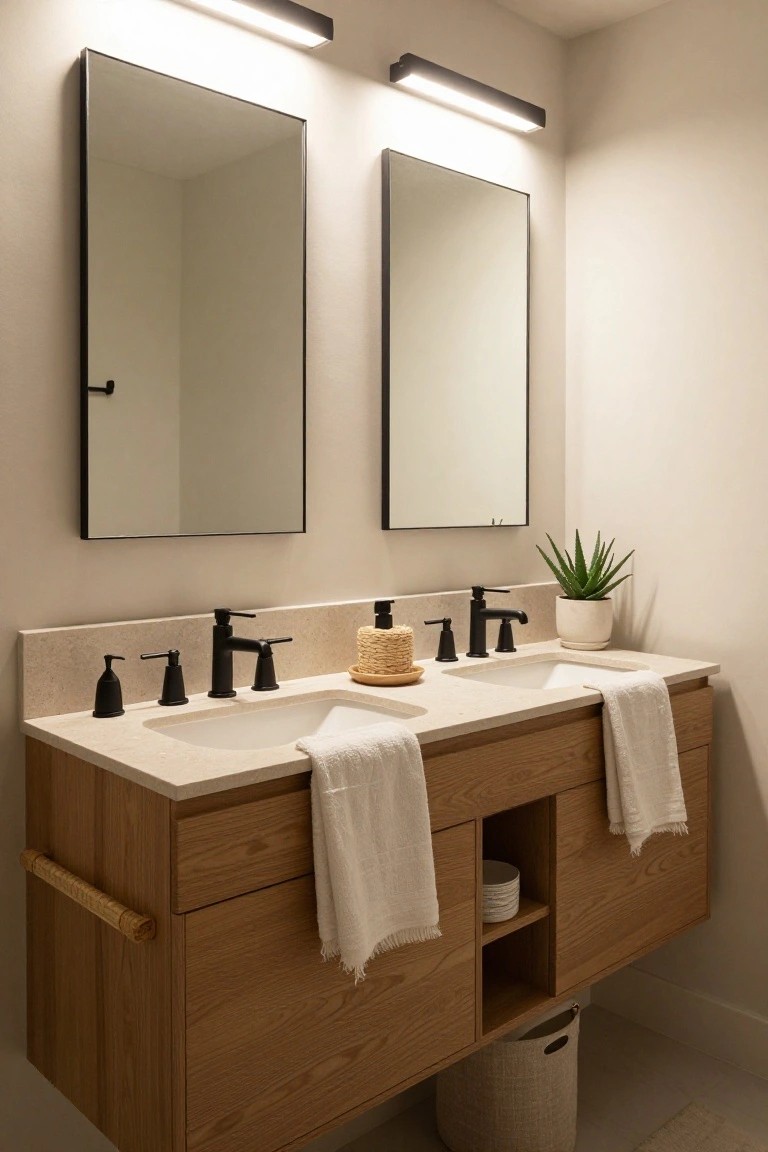 Modern bathroom with double floating oak wood vanity, two undermount sinks, black faucets and soap dispensers, two rectangular mirrors, linen towels, woven basket on counter, potted aloe plant, and rattan-handled drawer pull.