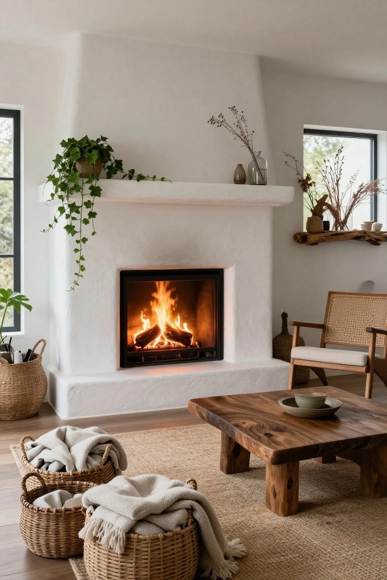 White curved stucco fireplace with burning logs, trailing ivy plant on mantel, dried branches in glass vases, wooden shelf with pottery, rattan chair, natural wood coffee table with bowl, seagrass rug, and wicker baskets holding throws in a cozy living room corner.