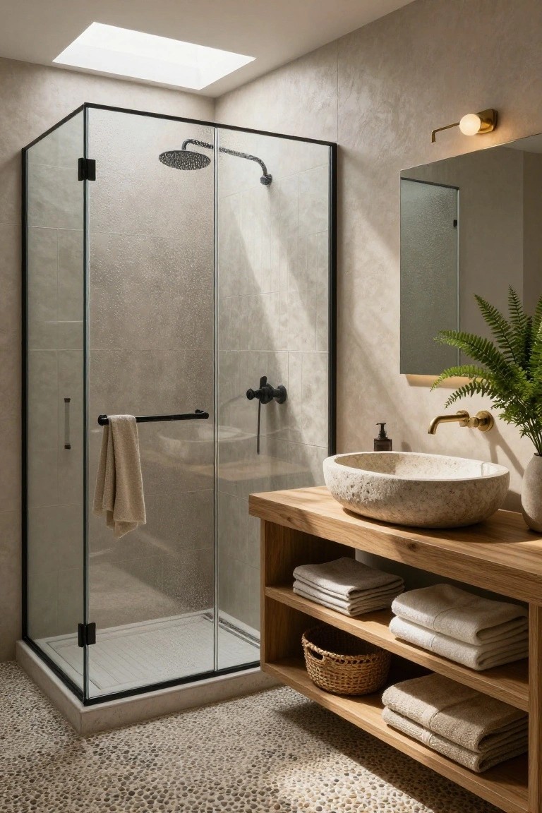 Modern bathroom with corner frameless glass shower enclosure, wooden vanity topped by oval beige stone sink and brass wall faucet, open shelves holding towels and wicker basket, potted fern plant, and beige pebble stone flooring.