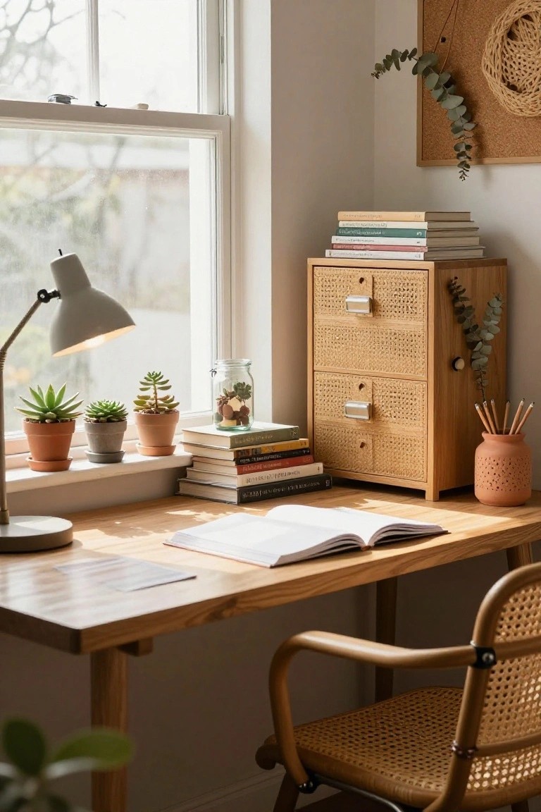 Light wooden desk under a windowsill with three potted succulents, a glass jar of plants, stacks of books, angled lamp, rattan drawer unit, rattan chair, and potted plants nearby in a bright room.