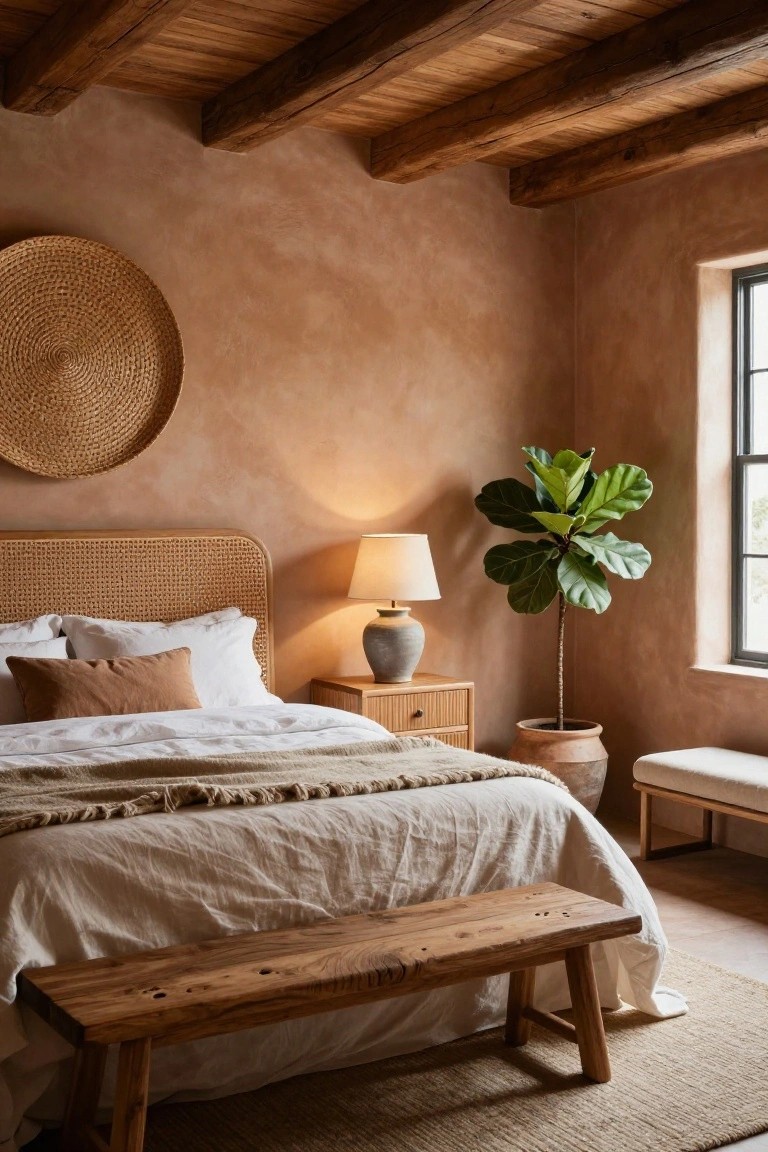 Bedroom corner with terracotta textured walls, exposed wooden ceiling beams, bed featuring curved rattan headboard, white pillows and sheets with beige throw, wooden nightstand holding lamp, tall fiddle leaf fig in terracotta pot, rustic wooden bench at bed foot, and large woven straw wall hanging.