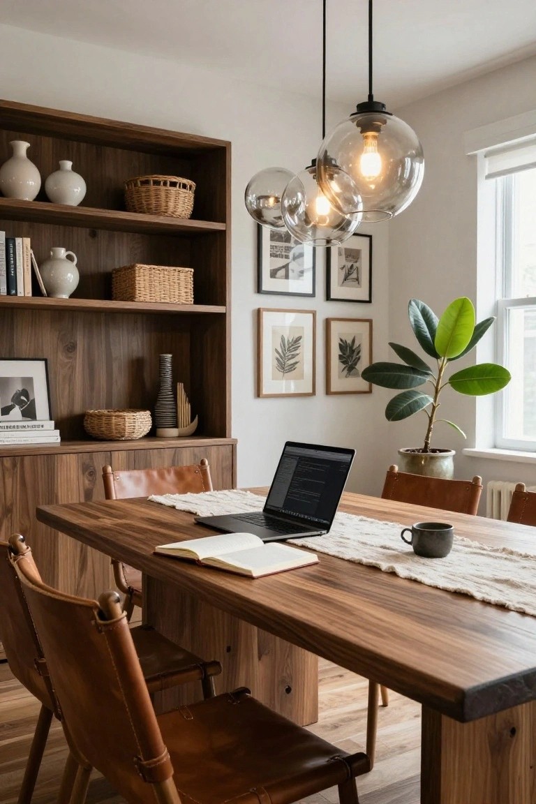 Wooden dining table with tan leather chairs centered under clustered glass globe pendant lights, flanked by tall wooden bookshelves filled with books, ceramics, baskets, and plants in a light-filled room.