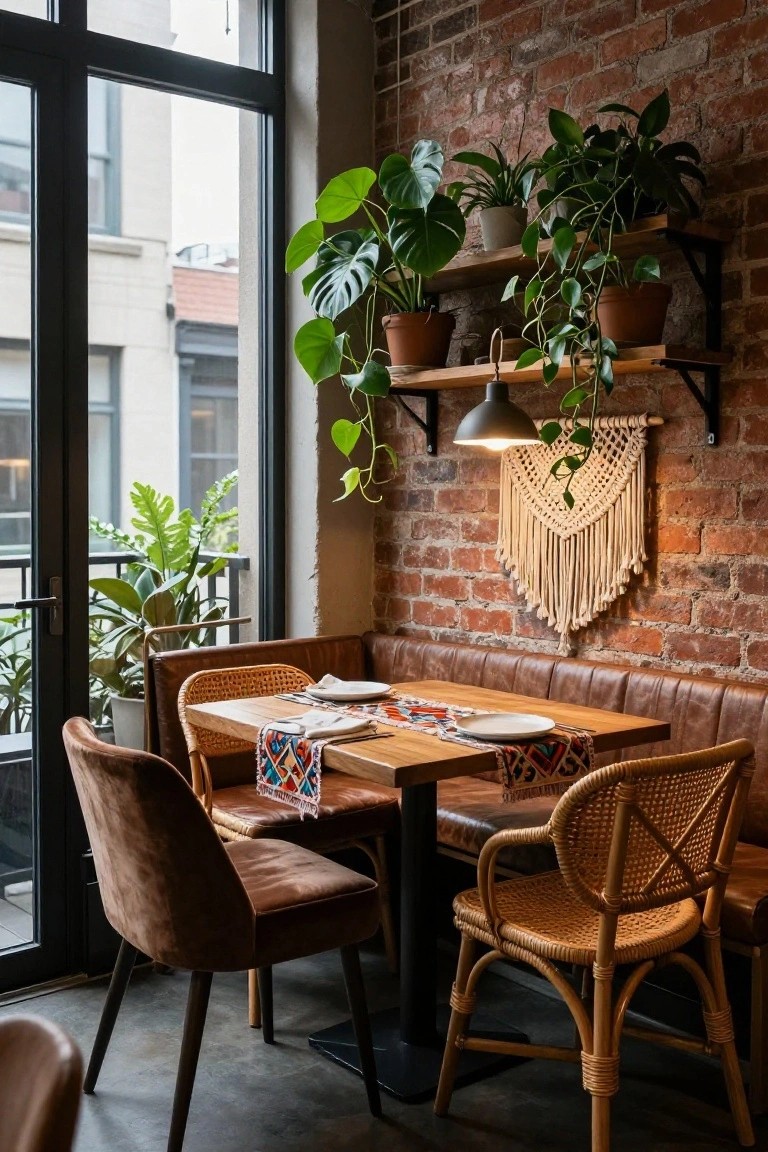 Dining booth with leather bench and wooden table set with plates and colorful runner, rattan and velvet chairs, against exposed brick wall with plant shelves, macrame hanger, and pendant light near large windows.