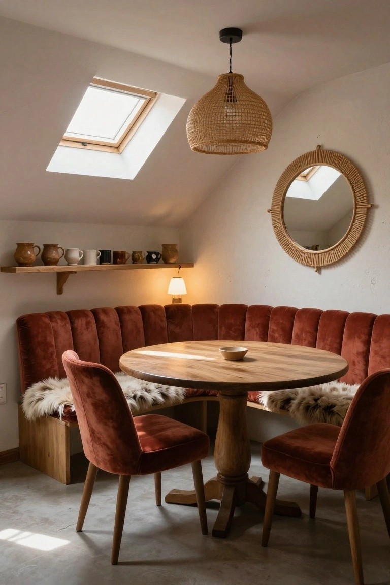 Photo of a dining nook featuring a curved rust-colored velvet tufted banquette seating a round light wood pedestal table, with two matching velvet chairs topped by sheepskin throws, wooden shelves holding pottery, a rattan pendant light, a round rattan mirror, and a skylight overhead.
