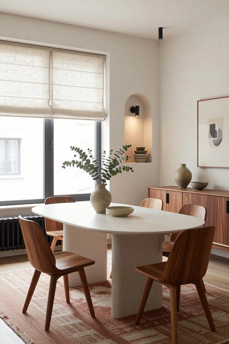 White oval dining table with four wooden chairs on a terracotta rug in a light room with linen window shades, eucalyptus in a ceramic vase, wooden sideboard, and arched niche with ceramic bowls.
