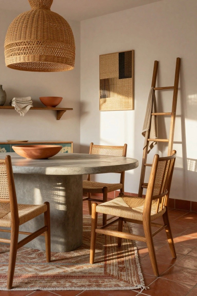 Round gray concrete pedestal dining table surrounded by four rattan chairs with wood frames, under a large woven pendant light in a white-walled room with shelves holding pottery, a wall-hung artwork, and a wooden ladder with draped towel.
