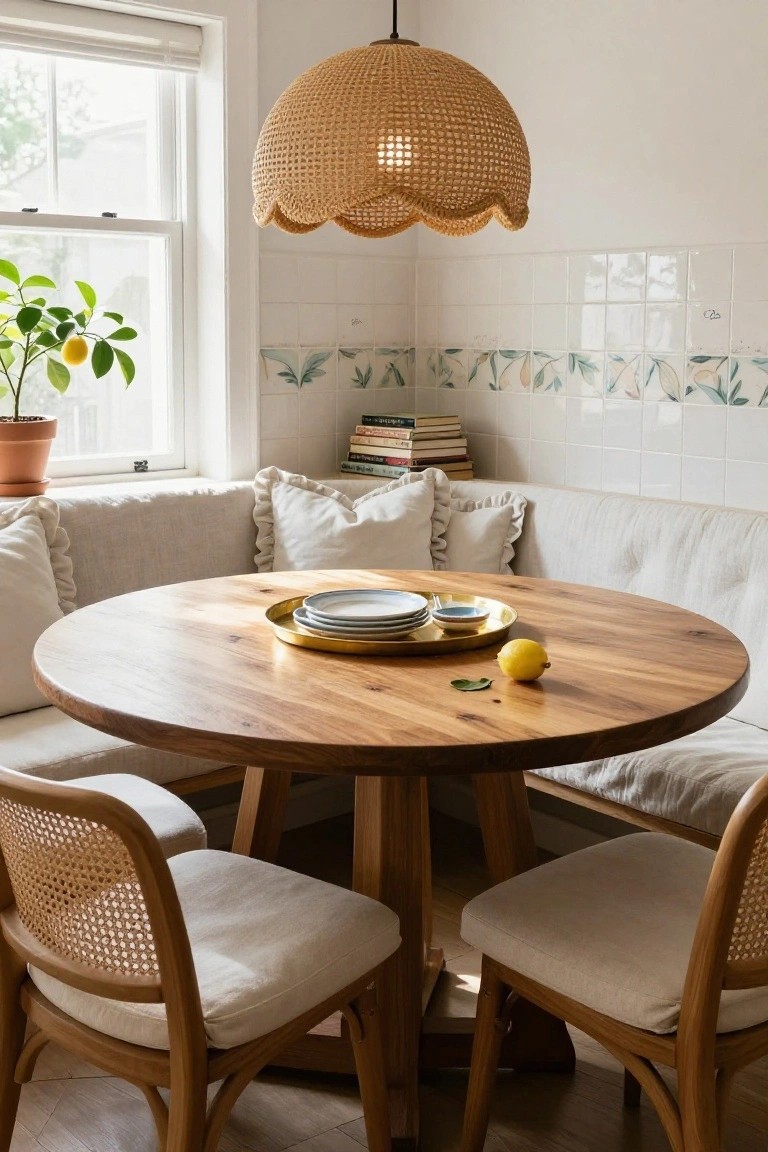Dining nook with beige built-in booth seating around a round wooden table set with stacked white plates on a gold tray and a lemon, rattan chairs, woven pendant light overhead, lemon plant by window, and tiled walls.