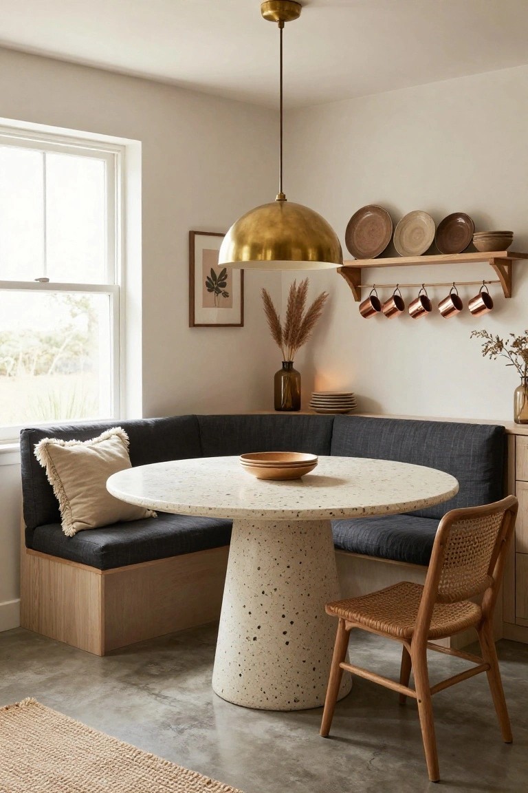 A light beige room with a dark gray corner booth seating around a round white terrazzo table holding a wooden bowl, gold dome pendant light overhead, wooden shelves displaying plates and copper mugs, potted plants, and a window with natural light.