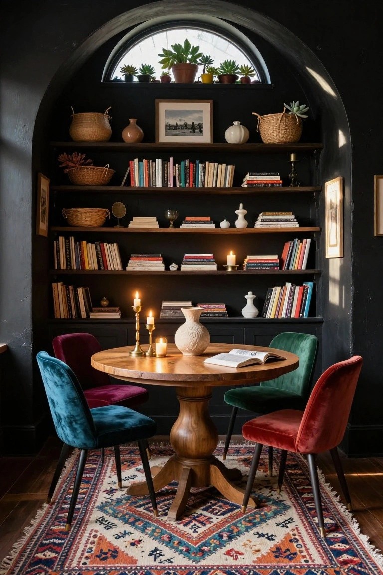 Dark arched alcove with wooden bookshelves filled with books, plants, baskets, vases, and candles surrounds a round wooden table with four colorful velvet chairs on a patterned rug under a half-round window.