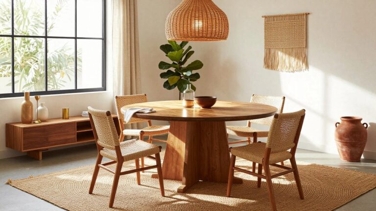 A dining room with a round wooden table, four rattan chairs with woven seats, a large hanging woven pendant light, a fiddle leaf fig plant in a pot, beige curtains on black-framed windows, and a wooden sideboard with ceramic vases.
