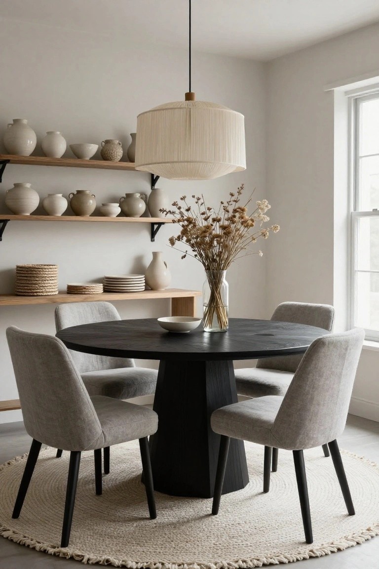 A modern boho dining room with open wood shelves displaying white ceramic vases, bowls, and dried pampas grass stems, a round black wood table with four light gray upholstered chairs on a beige seagrass rug, and a large white fabric pendant lamp overhead next to a window.