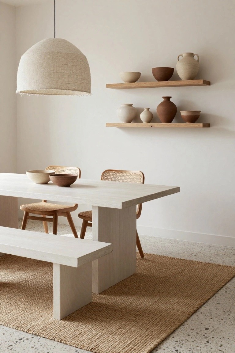 Dining room with white wooden table and bench, rattan chairs, floating oak shelves displaying beige and brown ceramic pottery and bowls, seagrass rug on terrazzo floor, and large linen pendant light.