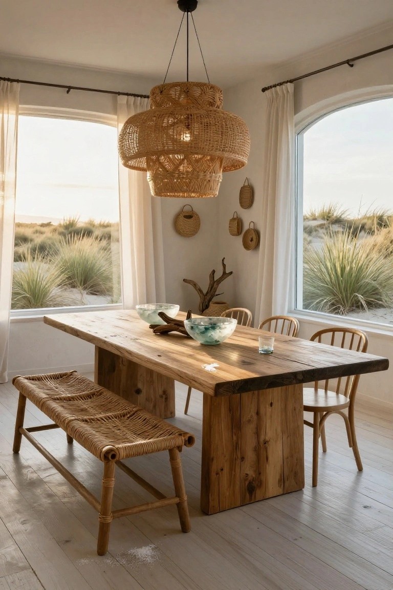 Dining room corner with long wooden table, rattan bench on one side, wooden chairs on the other, woven rattan pendant light overhead, glass bowls on table, and large windows showing sand dunes outside.