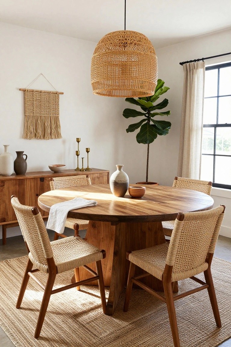 A dining room with a round wooden table, four rattan chairs with woven seats, a large hanging woven pendant light, a fiddle leaf fig plant in a pot, beige curtains on black-framed windows, and a wooden sideboard with ceramic vases.
