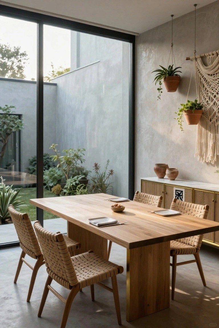 Indoor dining room featuring a rectangular oak wood table with woven rattan chairs, set with plates and bowls, beside a wood sideboard, with hanging plants and macrame on beige walls and large glass doors opening to a garden courtyard.